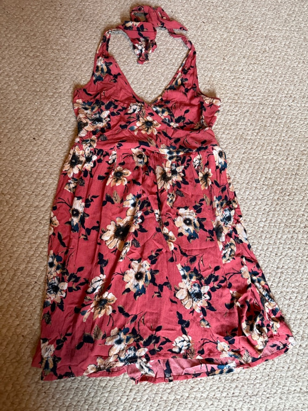 Xhilaration Floral Halter Dress in Rose Pink with Cream and Navy Accents